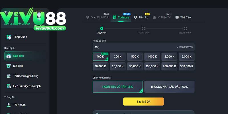 Thủ tục nạp tiền tài khoản Vivu88 qua Codepay nhanh gọn Thủ tục nạp tiền tài khoản Vivu88 qua Codepay nhanh gọn